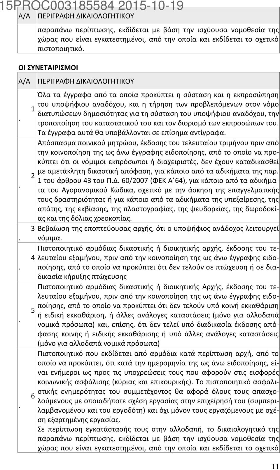 6. ΠΕΡΙΓΡΑΦΗ ΔΙΚΑΙΟΛΟΓΗΤΙΚΟΥ Όλα τα έγγραφα από τα οποία προκύπτει η σύσταση και η εκπροσώπηση του υποψήφιου αναδόχου, και η τήρηση των προβλεπόμενων στον νόμο διατυπώσεων δημοσιότητας για τη σύσταση