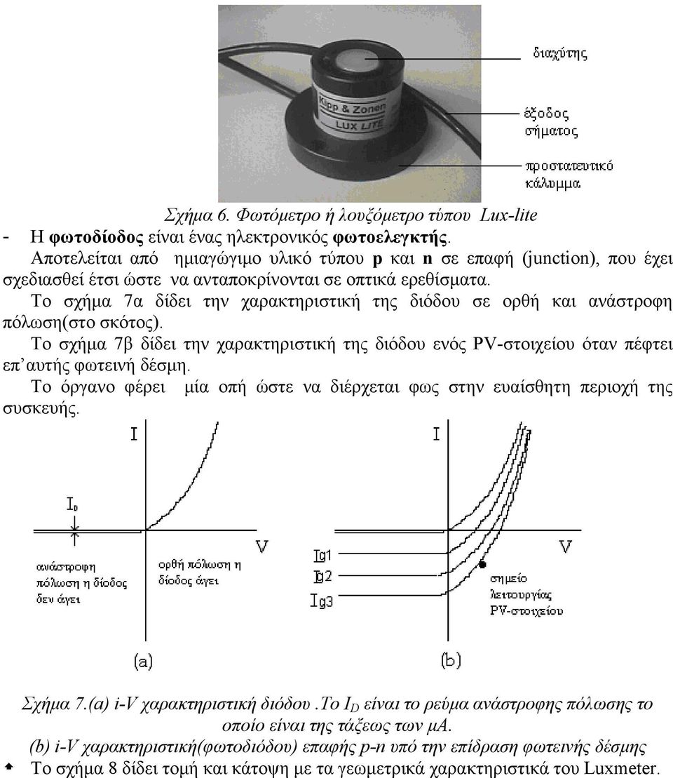 Το σχήμα 7α δίδει την χαρακτηριστική της διόδου σε ορθή και ανάστροφη πόλωση(στο σκότος). Το σχήμα 7β δίδει την χαρακτηριστική της διόδου ενός PV-στοιχείου όταν πέφτει επ αυτής φωτεινή δέσμη.