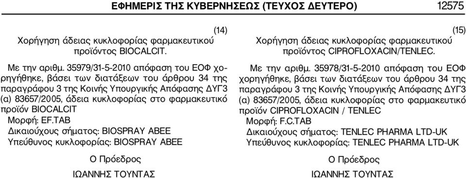 Μορφή: E.TAB Δικαιούχους σήματος: BIOSPRAY ABEE Υπεύθυνος κυκλοφορίας: BIOSPRAY ABEE (15) Χορήγηση άδειας κυκλοφορίας φαρμακευτικού προϊόντος CIPROLOXACIN/TENLEC. Με την αριθμ.