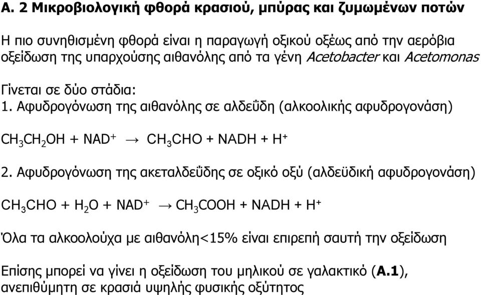 Αφυδρογόνωση της αιθανόλης σε αλδεΰδη (αλκοολικής αφυδρογονάση) CH 3 CH 2 OH + NAD + CH 3 CHO + NADH + H + 2.