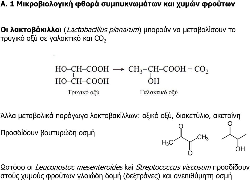 λακτοβακίλλων: οξικό οξύ, διακετύλιο, ακετοΐνη Προσδίδουν βουτυρώδη οσμή Ωστόσο οι Leuconostoc