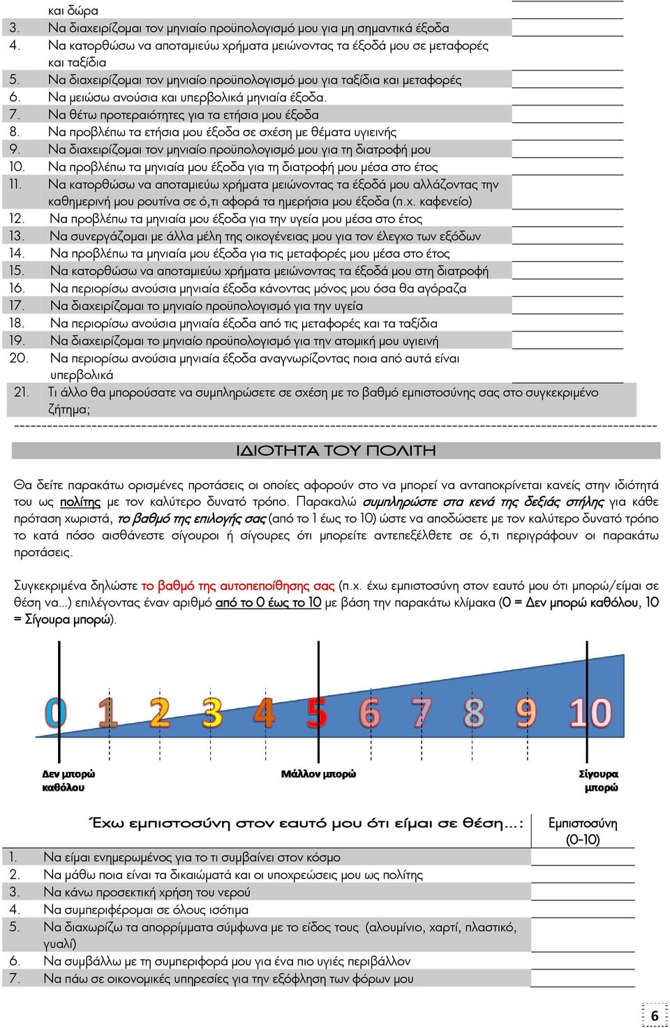 Να προβλέπω τα ετήσια μου έξοδα σε σχέση με θέματα υγιεινής 9. Να διαχειρίζομαι τον μηνιαίο προϋπολογισμό μου για τη διατροφή μου 10.