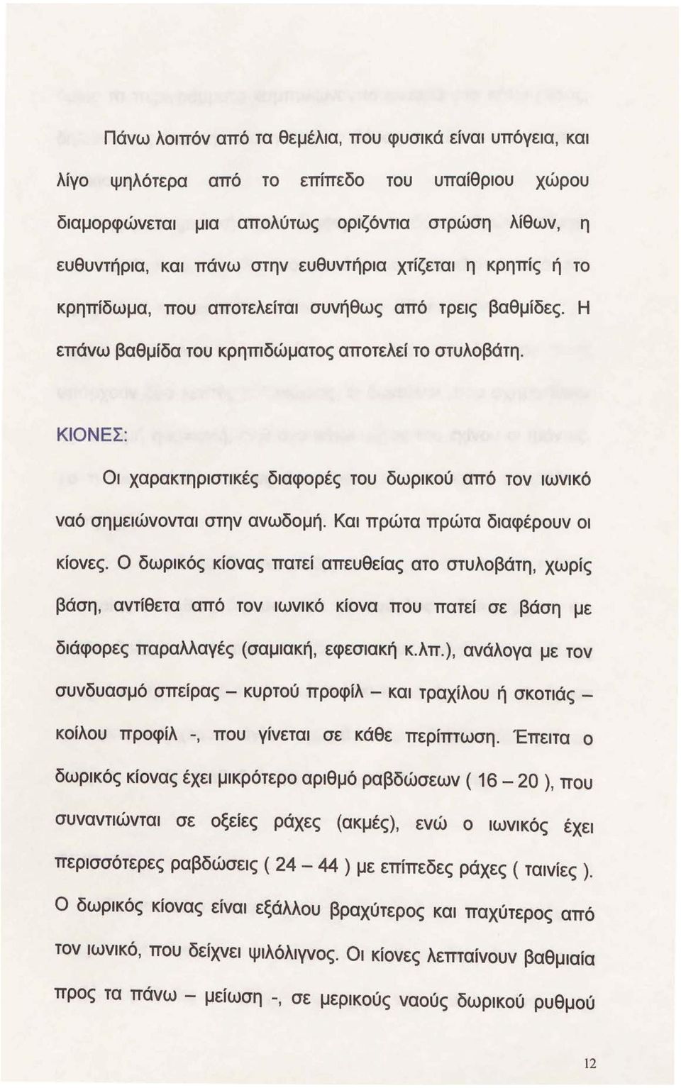 ΚΙΟΝΕΣ: Οι χαρακτηριστικές διαφορές του δωρικού από τον ιωνικό ναό σημειώνονται στην ανωδομή. Και πρώτα πρώτα διαφέρουν οι κίονες.