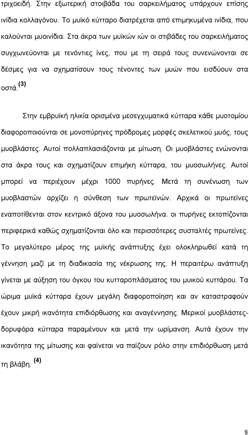 (3) Στην εμβρυϊκή ηλικία ορισμένα μεσεγχυματικά κύτταρα κάθε μυοτομίου διαφοροποιούνται σε μονοπύρηνες πρόδρομες μορφές σκελετικού μυός, τους μυοβλάστες. Αυτοί πολλαπλασιάζονται με μίτωση.