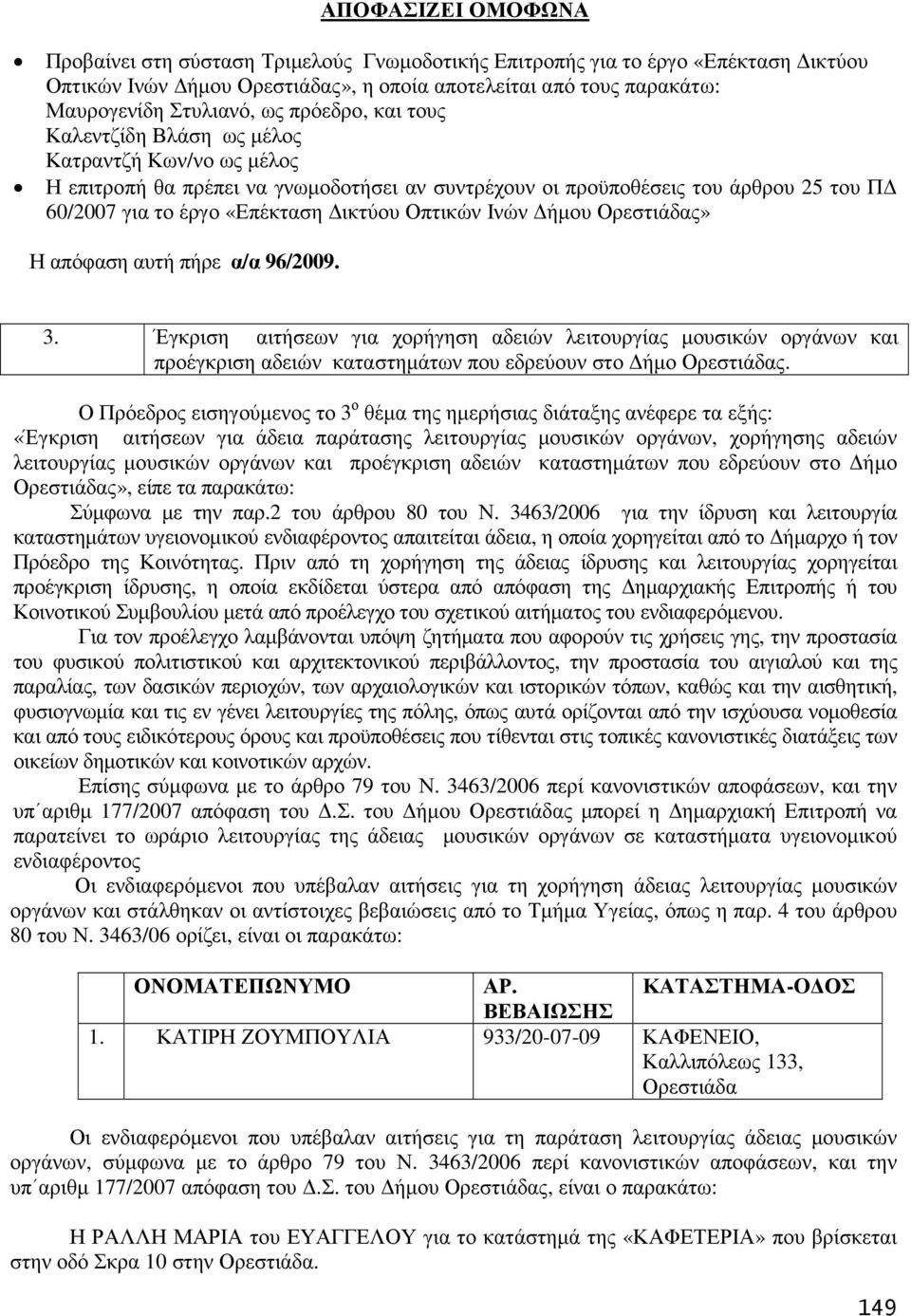 Οπτικών Ινών ήµου Ορεστιάδας» Η απόφαση αυτή πήρε α/α 96/2009. 3. Έγκριση αιτήσεων για χορήγηση αδειών λειτουργίας µουσικών οργάνων και προέγκριση αδειών καταστηµάτων που εδρεύουν στο ήµο Ορεστιάδας.