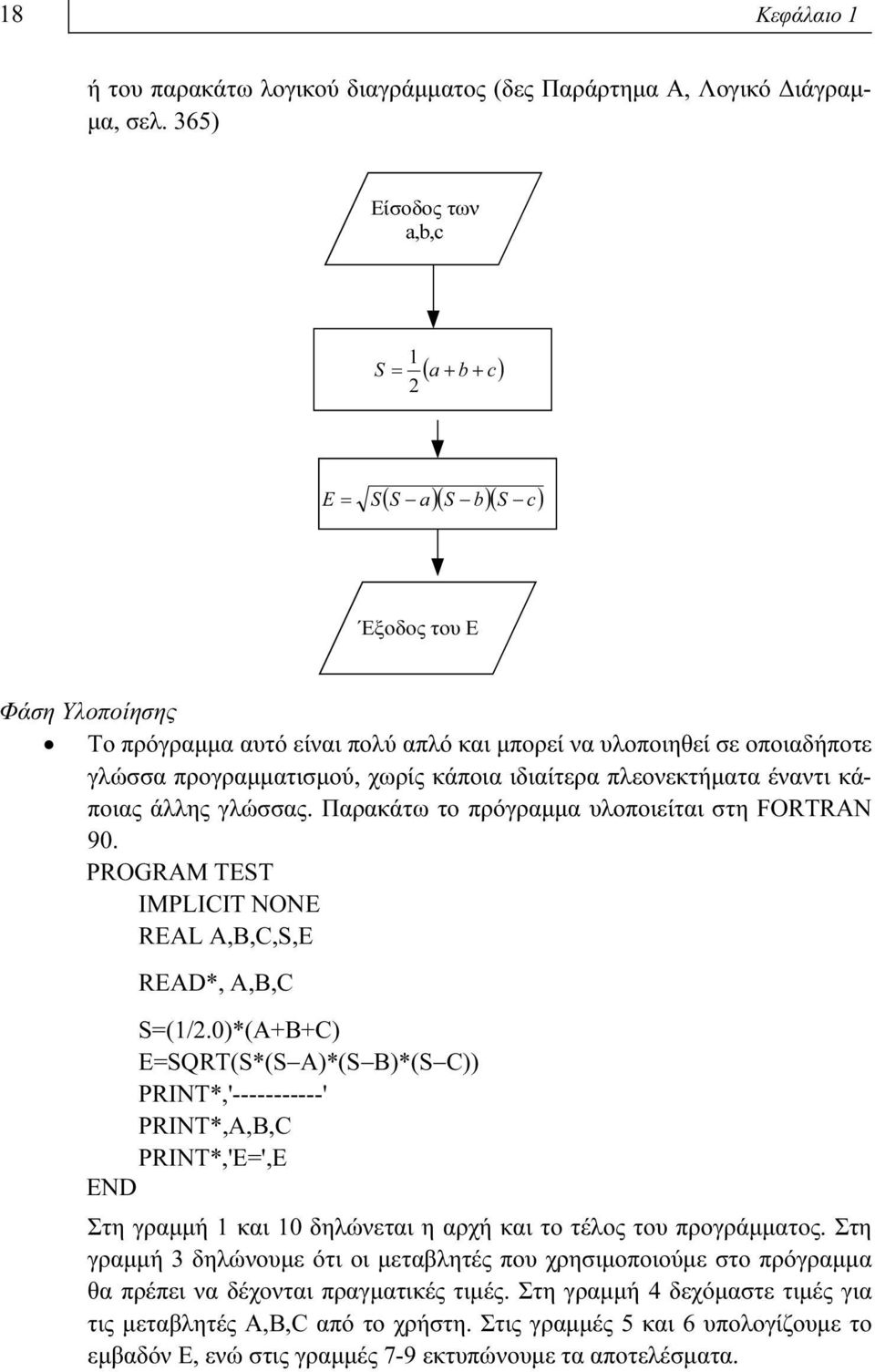 χωρίς κάποια ιδιαίτερα πλεονεκτήματα έναντι κάποιας άλλης γλώσσας. Παρακάτω το πρόγραμμα υλοποιείται στη FORTRAN 90. PROGRAM TEST IMPLICIT NONE REAL A,B,C,S,E READ*, A,B,C S=(1/2.