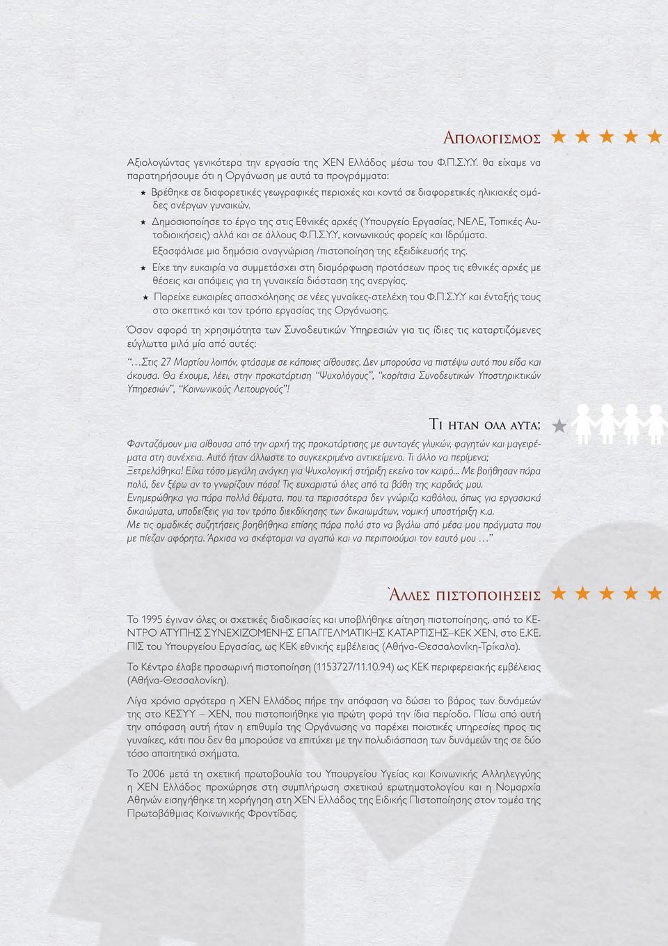 Δημοσιοποίησε το έργο της στις Εθνικές αρχές (Υπουργείο Εργασίας, ΝΕΛΕ, Τοπικές Αυτοδιοικήσεις) αλλά και σε άλλους Φ.Π.Σ.Υ.Υ, κοινωνικούς φορείς και Ιδρύματα.