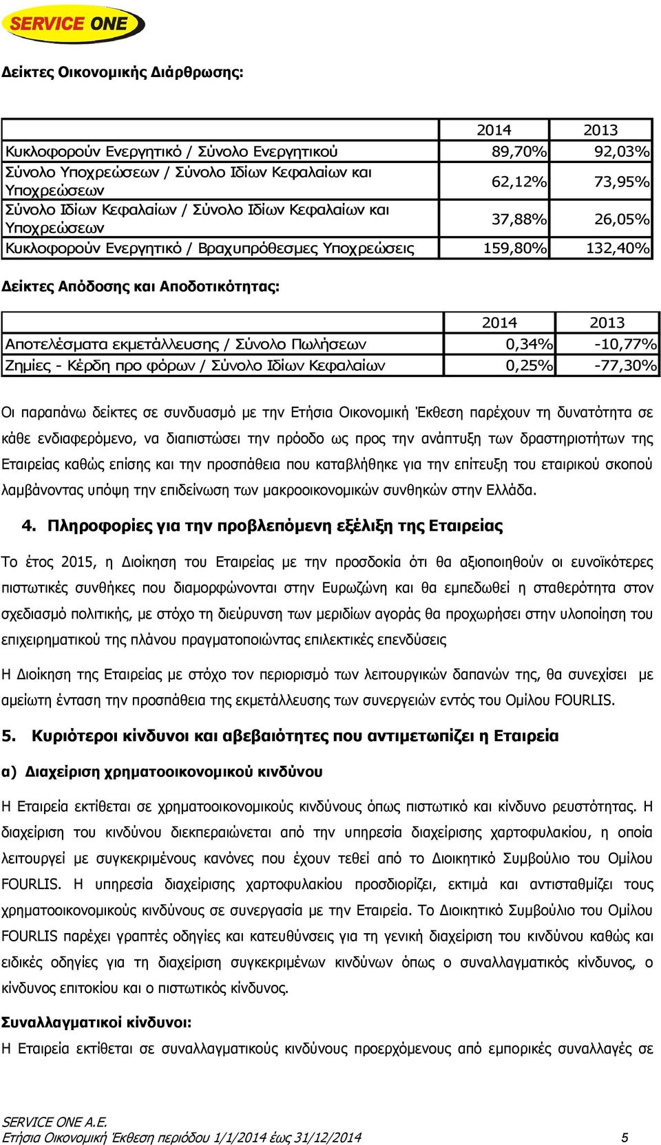 Σύνολο Πωλήσεων 0,34% -10,77% Ζημίες - Κέρδη προ φόρων / Σύνολο Ιδίων Κεφαλαίων 0,25% -77,30% Οι παραπάνω δείκτες σε συνδυασμό με την Ετήσια Οικονομική Έκθεση παρέχουν τη δυνατότητα σε κάθε