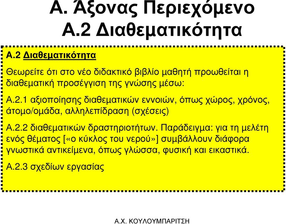 µέσω: Α.2.1 αξιοποίησης διαθεµατικών εννοιών, όπως χώρος, χρόνος, άτοµο/οµάδα, αλληλεπίδραση (σχέσεις) Α.2.2 διαθεµατικών δραστηριοτήτων.