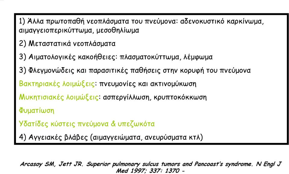 πνευμονίες και ακτινομύκωση Μυκητισιακές λοιμώξεις: ασπεργίλλωση, κρυπτοκόκκωση Φυματίωση Υδατίδες κύστεις πνεύμονα & υπεζωκότα 4) Αγγειακές