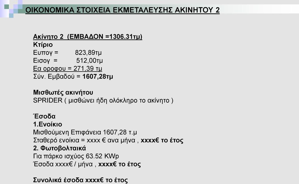 Εμβαδού = 1607,28τμ Μισθωτές ακινήτου SPRIDER ( μισθώνει ήδη ολόκληρο το ακίνητο ) Έσοδα 1.