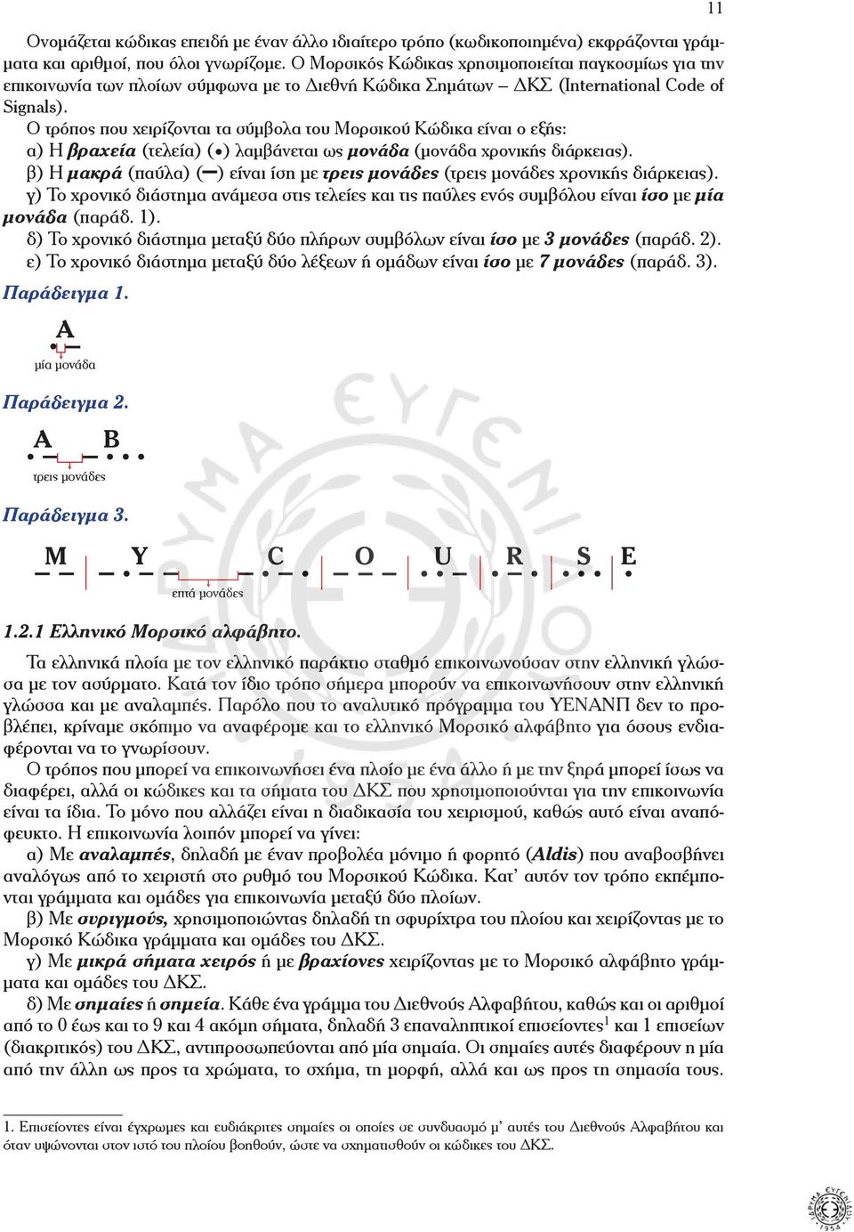 (µονάδα χρονικής διάρκειας) β) Η µακρά (παύλα) ( ) είναι ίση µε τρεις µονάδες (τρεις µονάδες χρονικής διάρκειας) γ) Το χρονικό διάστηµα ανάµεσα στις τελείες και τις παύλες ενός συµβόλου είναι ίσο µε