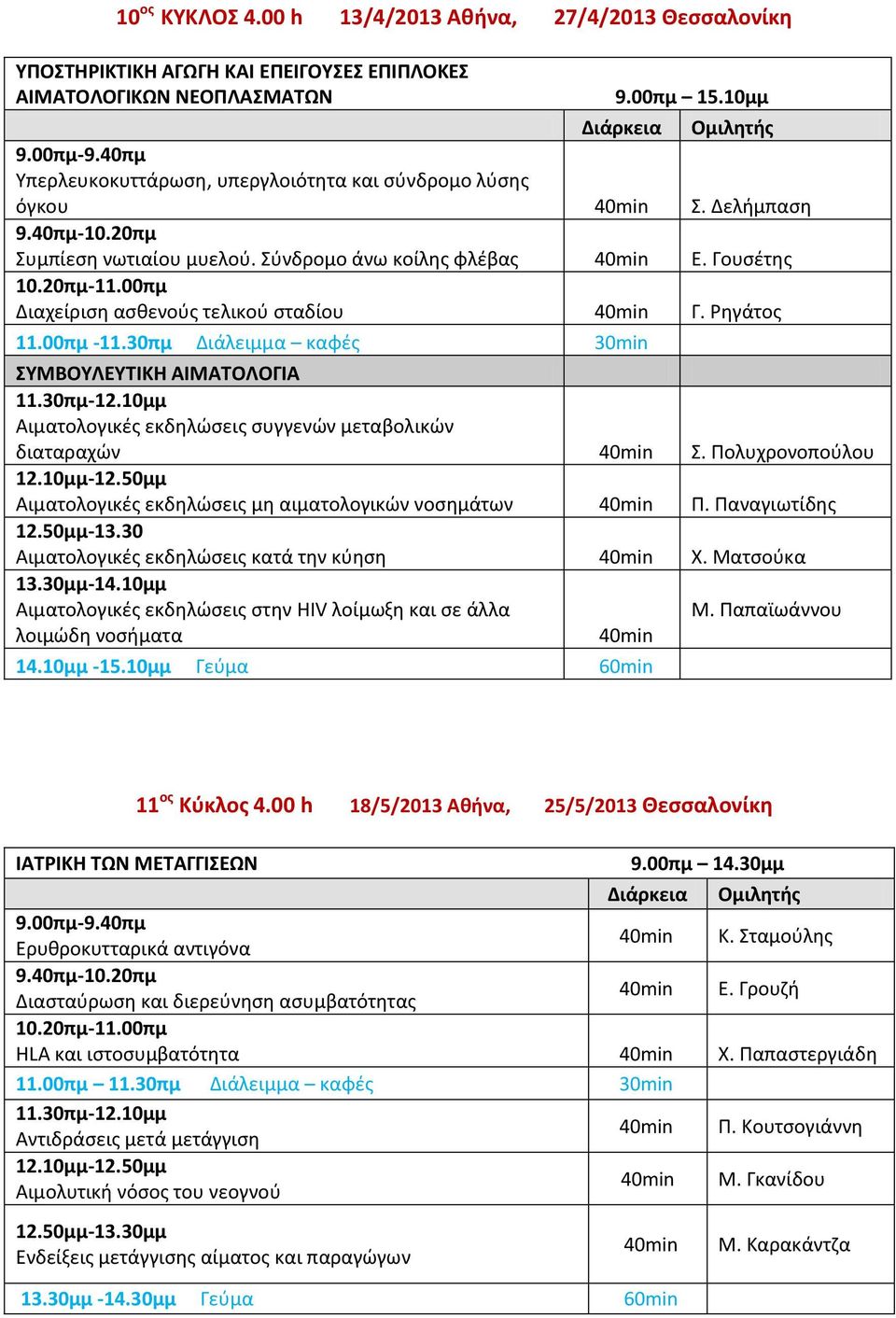 00πμ -11.30πμ Διάλειμμα καφές 30min ΣΥΜΒΟΥΛΕΥΤΙΚΗ ΑΙΜΑΤΟΛΟΓΙΑ Αιματολογικές εκδηλώσεις συγγενών μεταβολικών διαταραχών Σ. Πολυχρονοπούλου Αιματολογικές εκδηλώσεις μη αιματολογικών νοσημάτων Π.