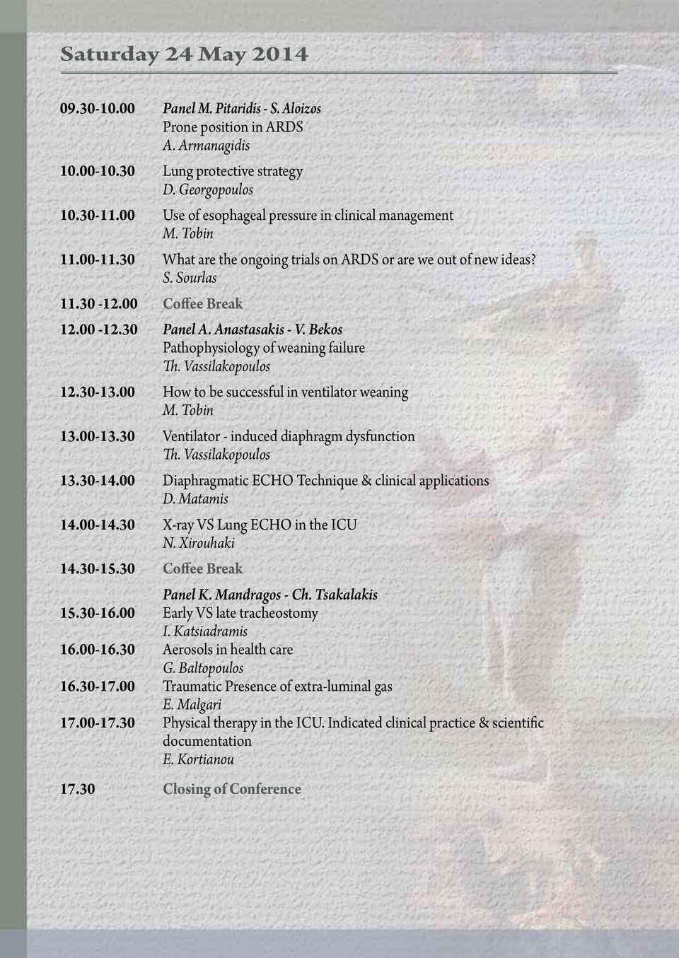 Anastasakis - V. Bekos Pathophysiology of weaning failure Th. Vassilakopoulos 12.30-13.00 How to be successful in ventilator weaning M. Tobin 13.00-13.30 Ventilator - induced diaphragm dysfunction Th.