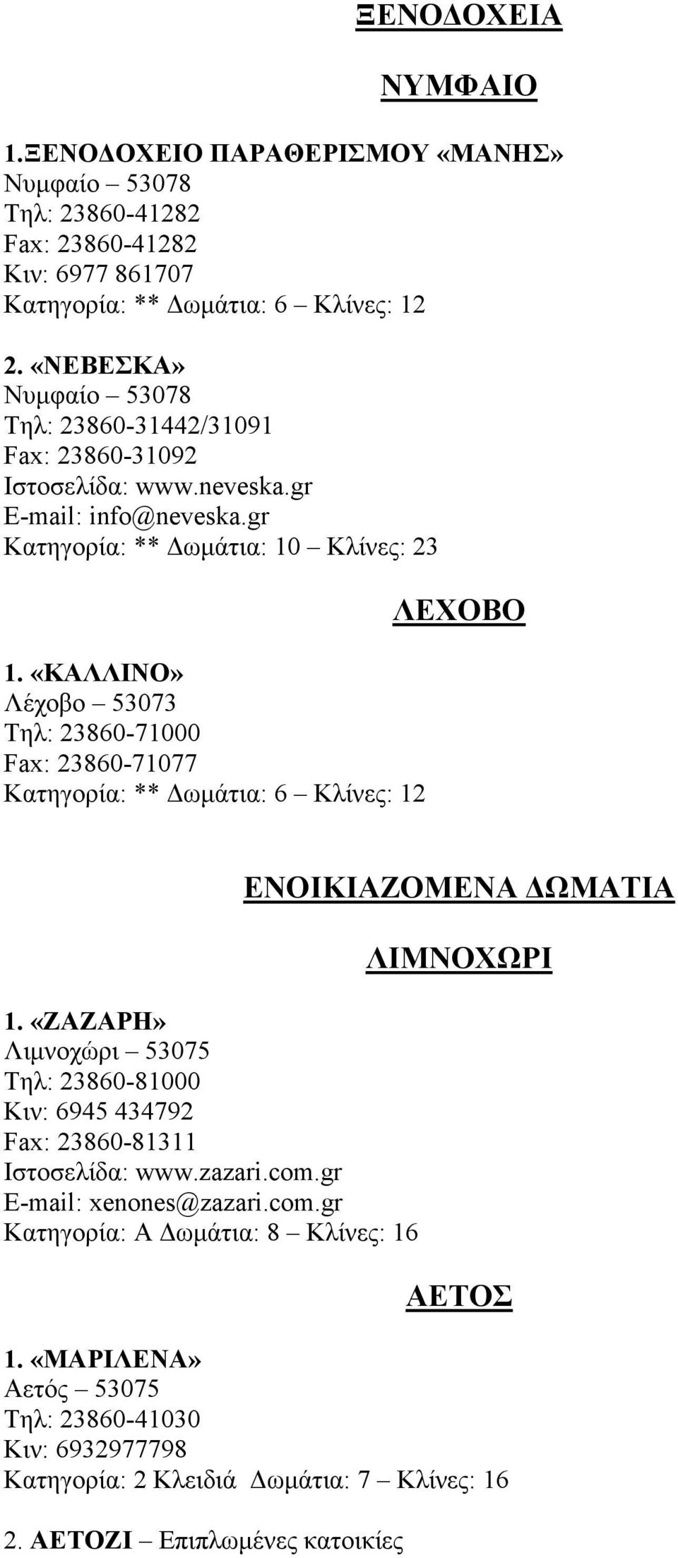 «ΚΑΛΛΙΝΟ» Λέχοβο 53073 Τηλ: 23860-71000 Fax: 23860-71077 Κατηγορία: ** ωµάτια: 6 Κλίνες: 12 ΛΕΧΟΒΟ 1.