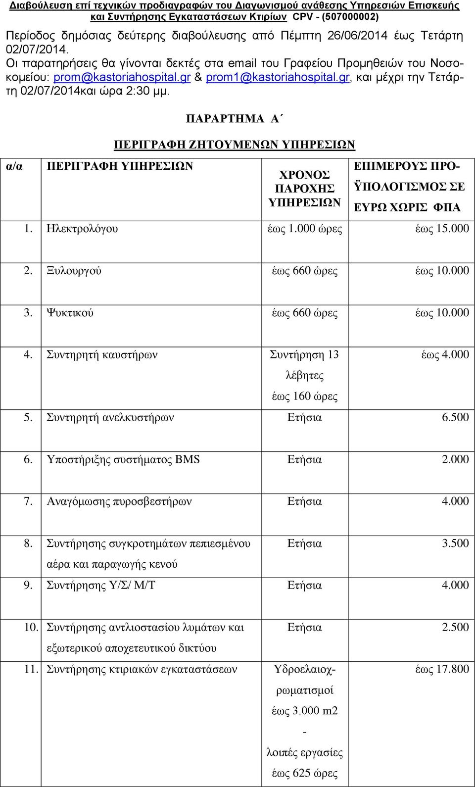 gr, και μέχρι την Τετάρτη 02/07/2014και ώρα 2:30 μμ. α/α ΠΑΡΑΡΤΗΜΑ Α ΠΕΡΙΓΡΑΦΗ ΖΗΤΟΥΜΕΝΩΝ ΥΠΗΡΕΣΙΩΝ ΠΕΡΙΓΡΑΦΗ ΥΠΗΡΕΣΙΩΝ ΧΡΟΝΟΣ ΠΑΡΟΧΗΣ ΥΠΗΡΕΣΙΩΝ ΕΠΙΜΕΡΟΥΣ ΠΡΟ- ΫΠΟΛΟΓΙΣΜΟΣ ΣΕ ΕΥΡΩ ΧΩΡΙΣ ΦΠΑ 1.