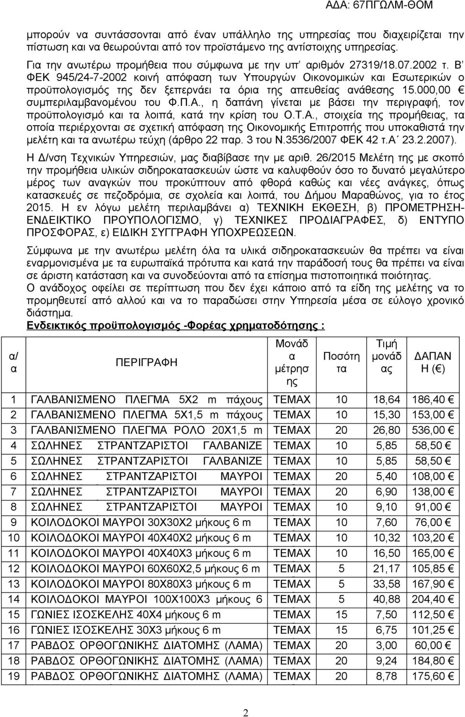 Β ΦΕΚ 945/24-7-2002 κοινή απόφαση των Υπουργών Οικονομικών και Εσωτερικών ο προϋπολογισμός της δεν ξεπερνάει τα όρια της απευθείας ανάθεσης 15.000,00 συμπεριλαμβανομένου του Φ.Π.Α.