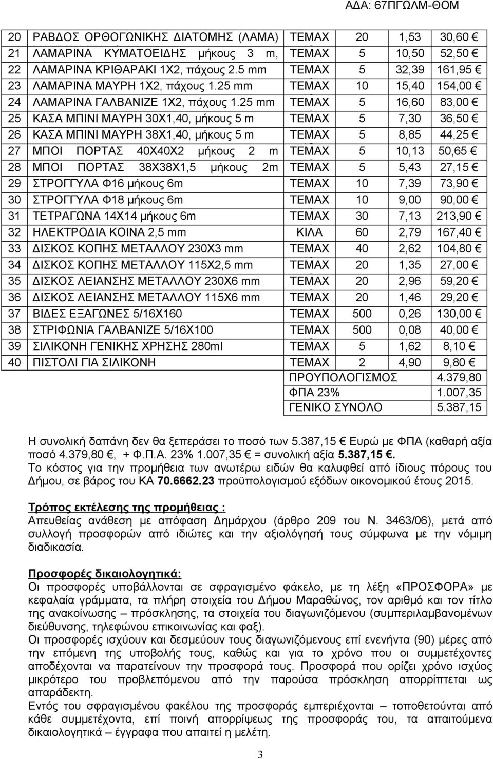 25 mm ΤΕΜΑΧ ΙΟ 5 16,60 83,00 25 ΚΑΣΑ ΜΠΙΝΙ ΜΑΥΡΗ 30Χ1,40, μήκους 5 m ΤΕΜΑΧ ΙΟ 5 7,30 36,50 26 ΚΑΣΑ ΜΠΙΝΙ ΜΑΥΡΗ 38Χ1,40, μήκους 5 m ΤΕΜΑΧ ΙΟ 5 8,85 44,25 27 ΜΠΟΙ ΠΟΡΤΑΣ 40Χ40Χ2 μήκους 2 m ΤΕΜΑΧ ΙΟ 5