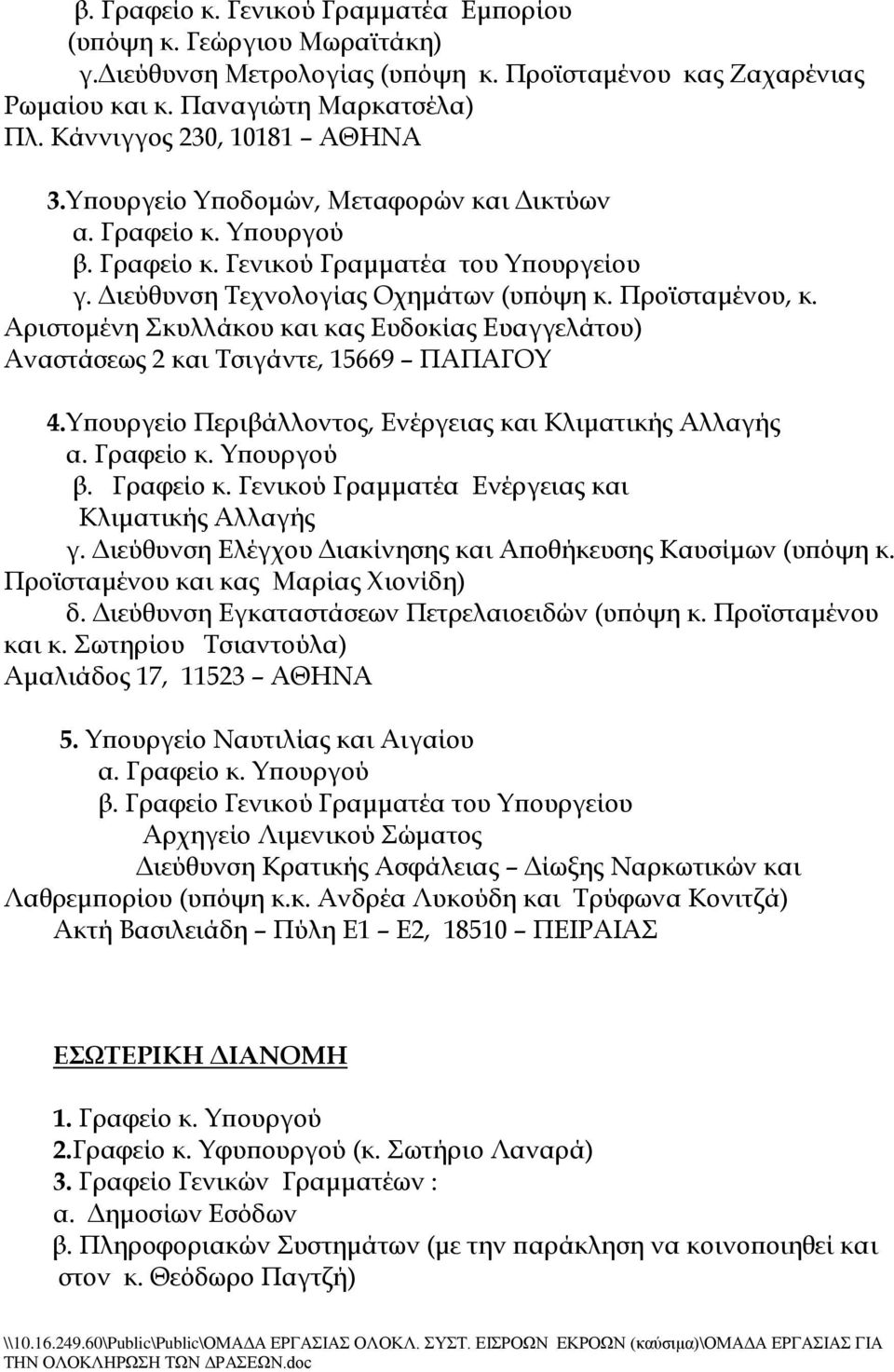 Αριστομένη κυλλάκου και κας Ευδοκίας Ευαγγελάτου) Αναστάσεως 2 και Σσιγάντε, 15669 ΠΑΠΑΓΟΤ 4.Τπουργείο Περιβάλλοντος, Ενέργειας και Κλιματικής Αλλαγής β. Γραφείο κ.