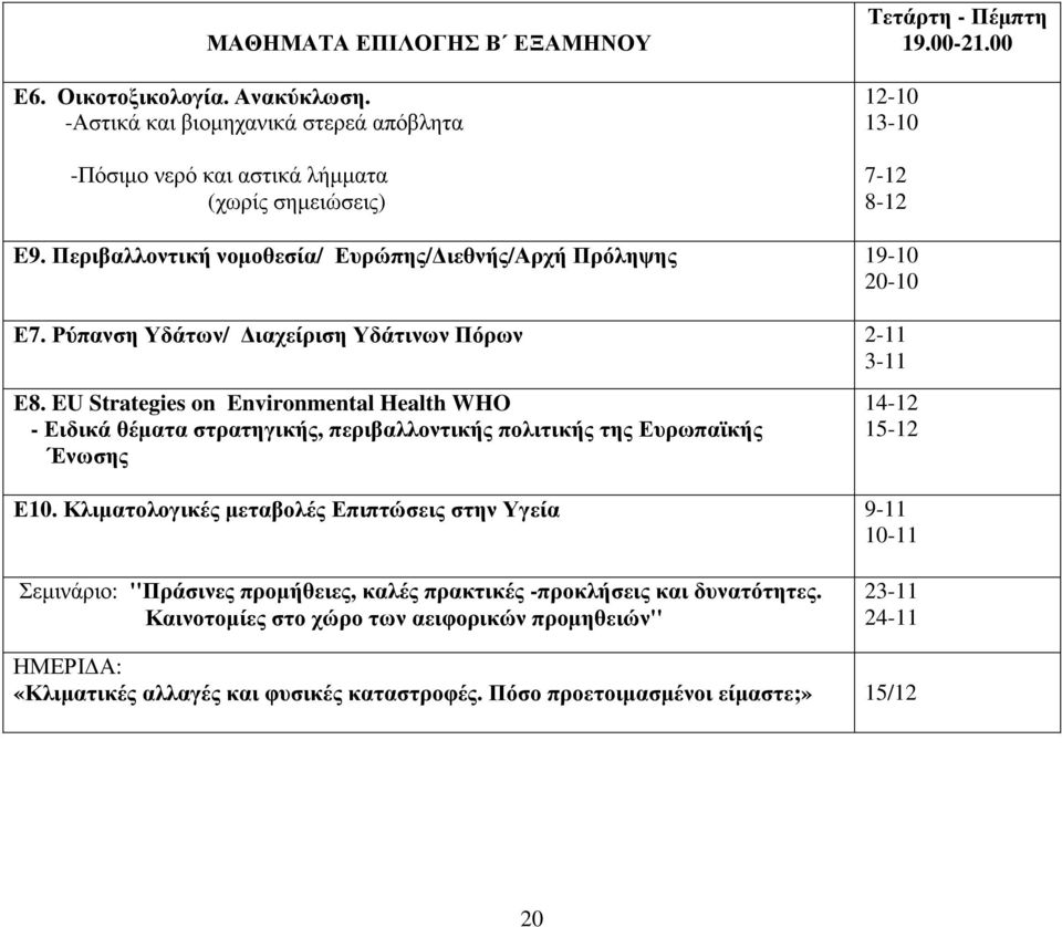 EU Strategies on Environmental Health WHO - Ειδικά θέµατα στρατηγικής, περιβαλλοντικής πολιτικής της Ευρωπαϊκής Ένωσης 14-12 15-12 Ε10.