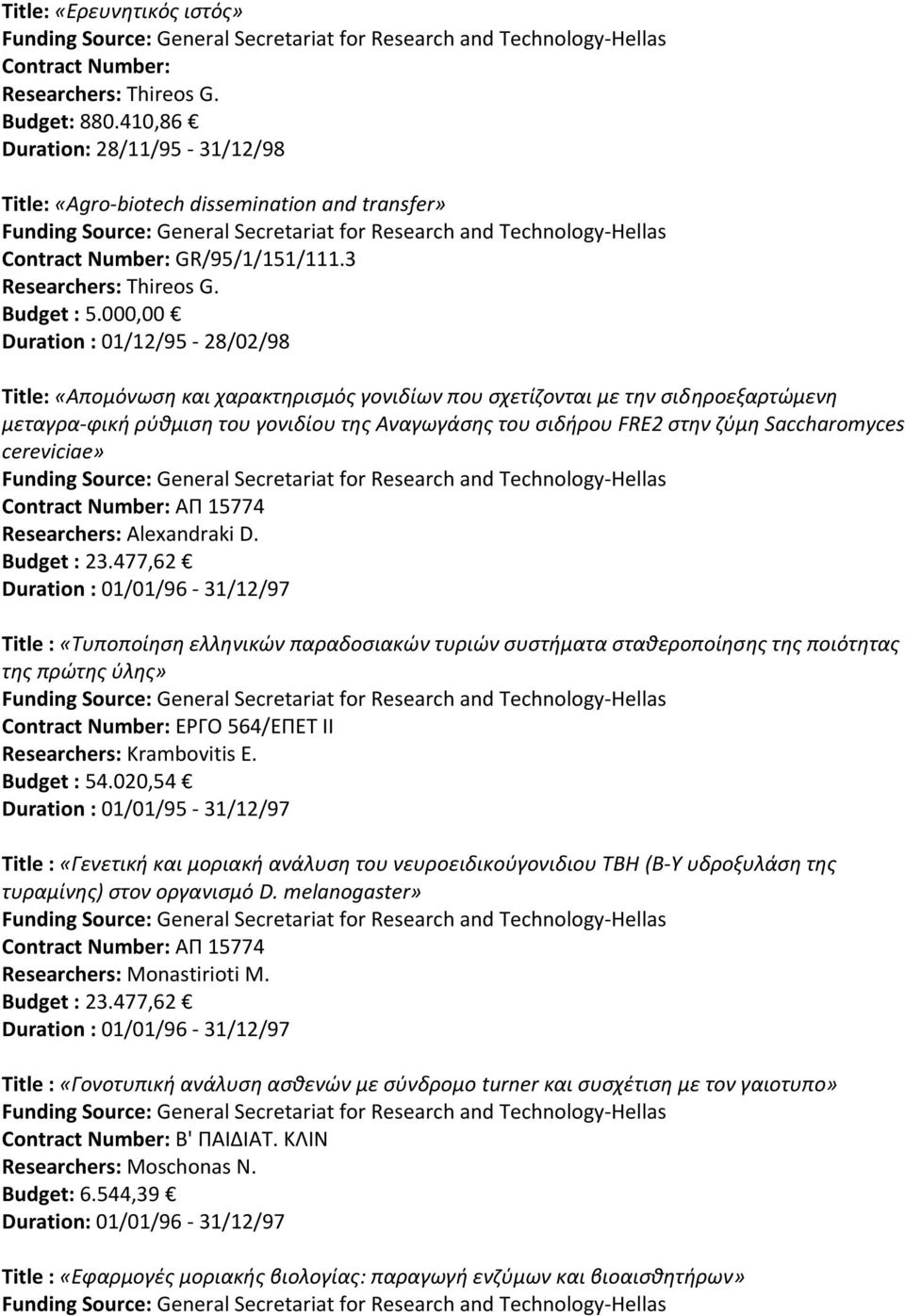 Saccharomyces cereviciae» Contract Number: ΑΠ 15774 Researchers: Alexandraki D. Budget : 23.