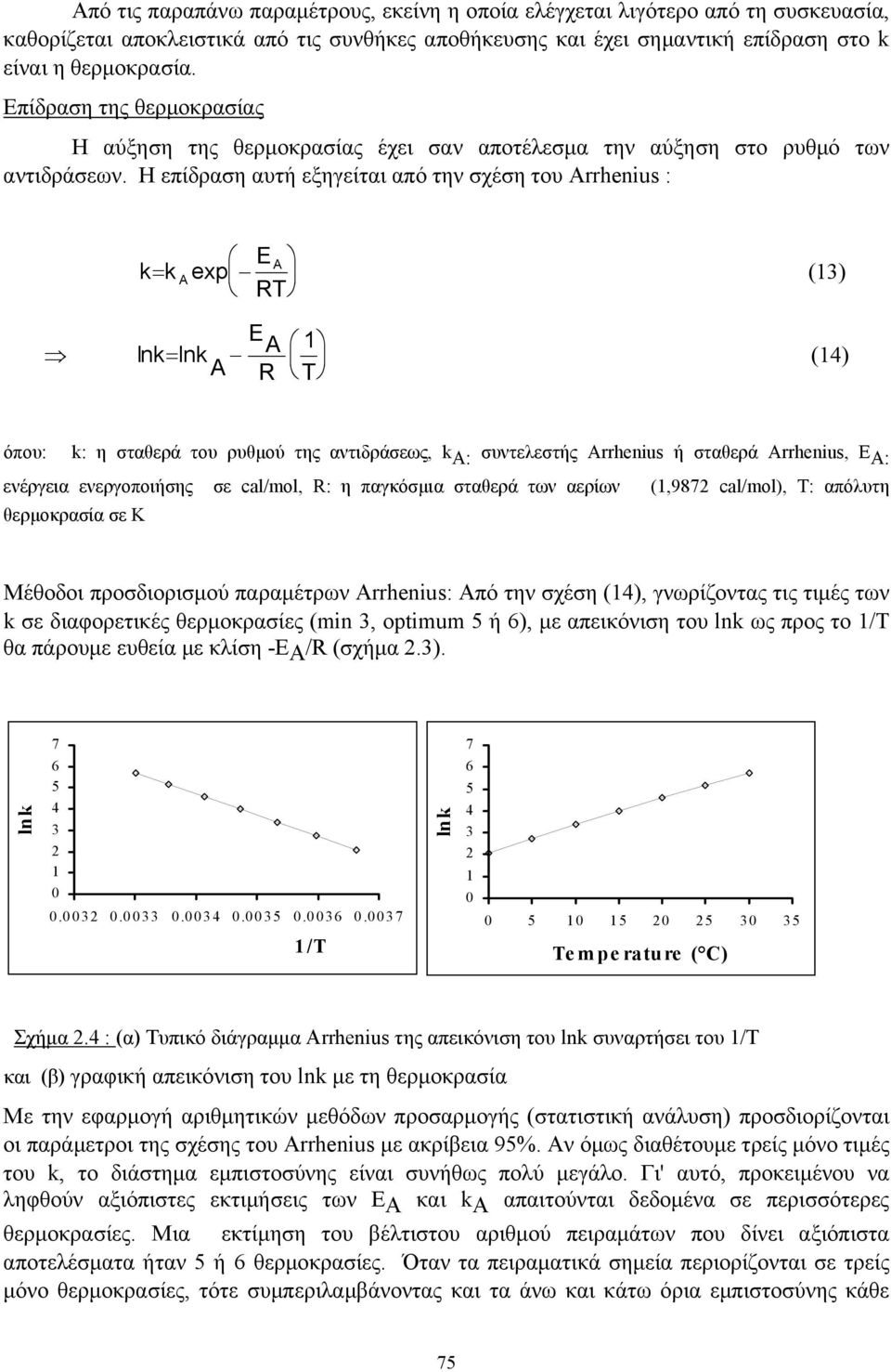 Η επίδραση αυτή εξηγείται από την σχέση του Arrhenius : E A k= ka exp (13) RT E lnk= lnk A A R 1 (14) T όπου: k: η σταθερά του ρυθµού της αντιδράσεως, k A: συντελεστής Arrhenius ή σταθερά Arrhenius,