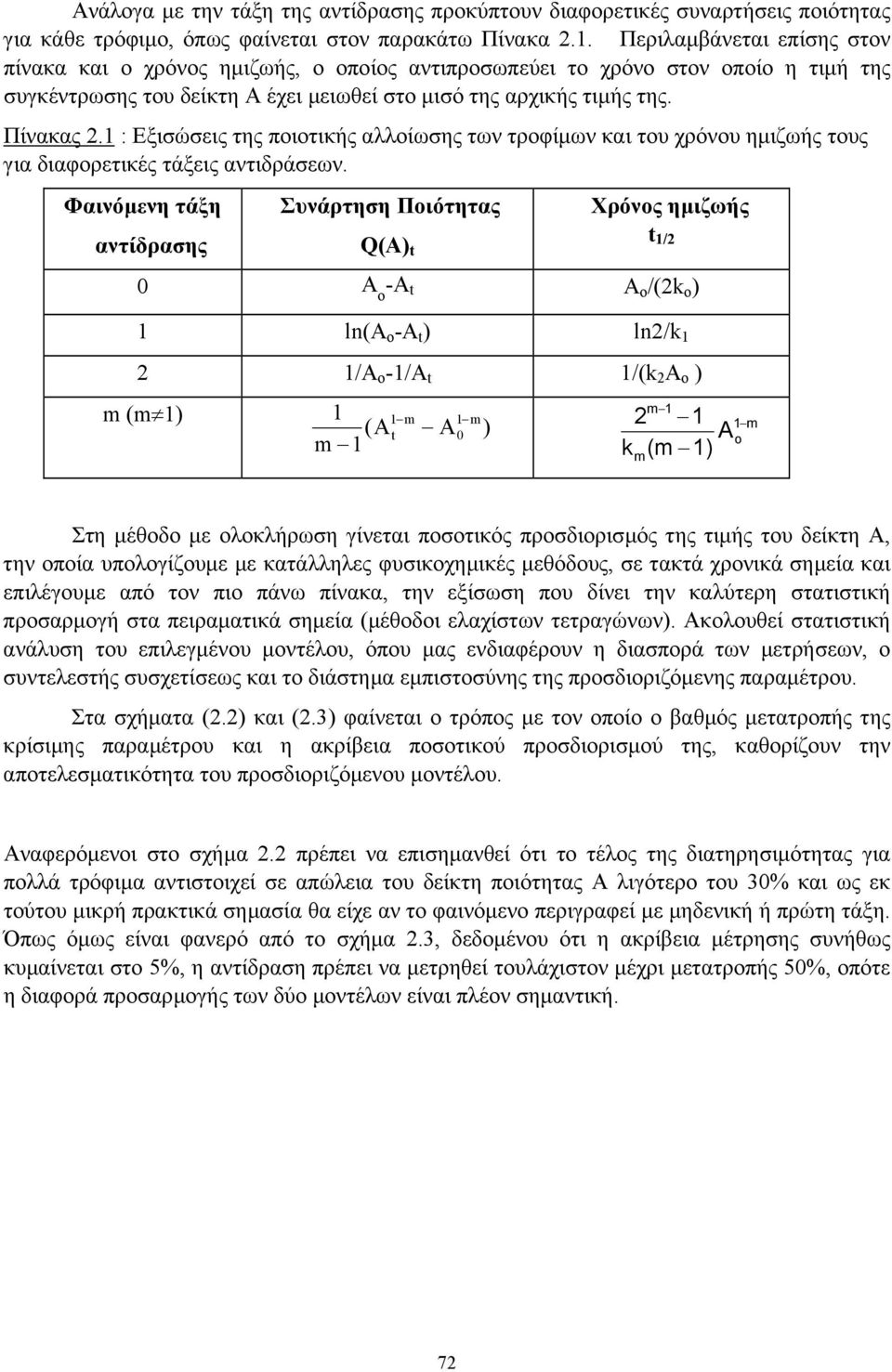 1 : Εξισώσεις της ποιοτικής αλλοίωσης των τροφίµων και του χρόνου ηµιζωής τους για διαφορετικές τάξεις αντιδράσεων.