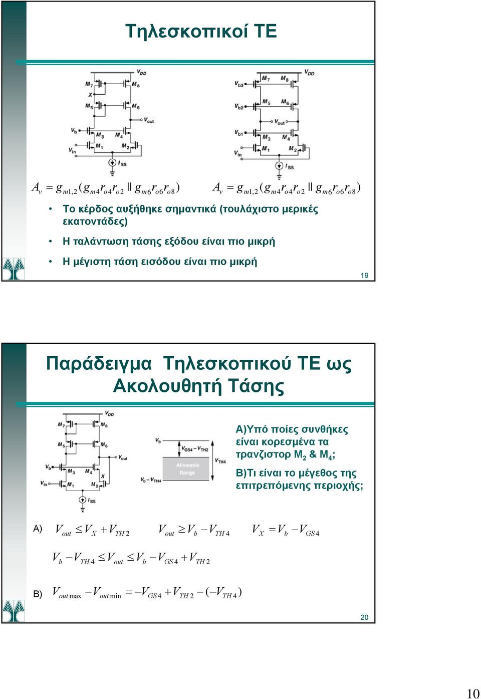 Παράδειγμα Τηλεσκοπικού ΤΕ ως Ακολουθητή Τάσης Α)Υπό ποίες συνθήκες είναι κορεσμένα τα τρανζιστορ Μ & Μ 4 ; Β)Τι είναι το