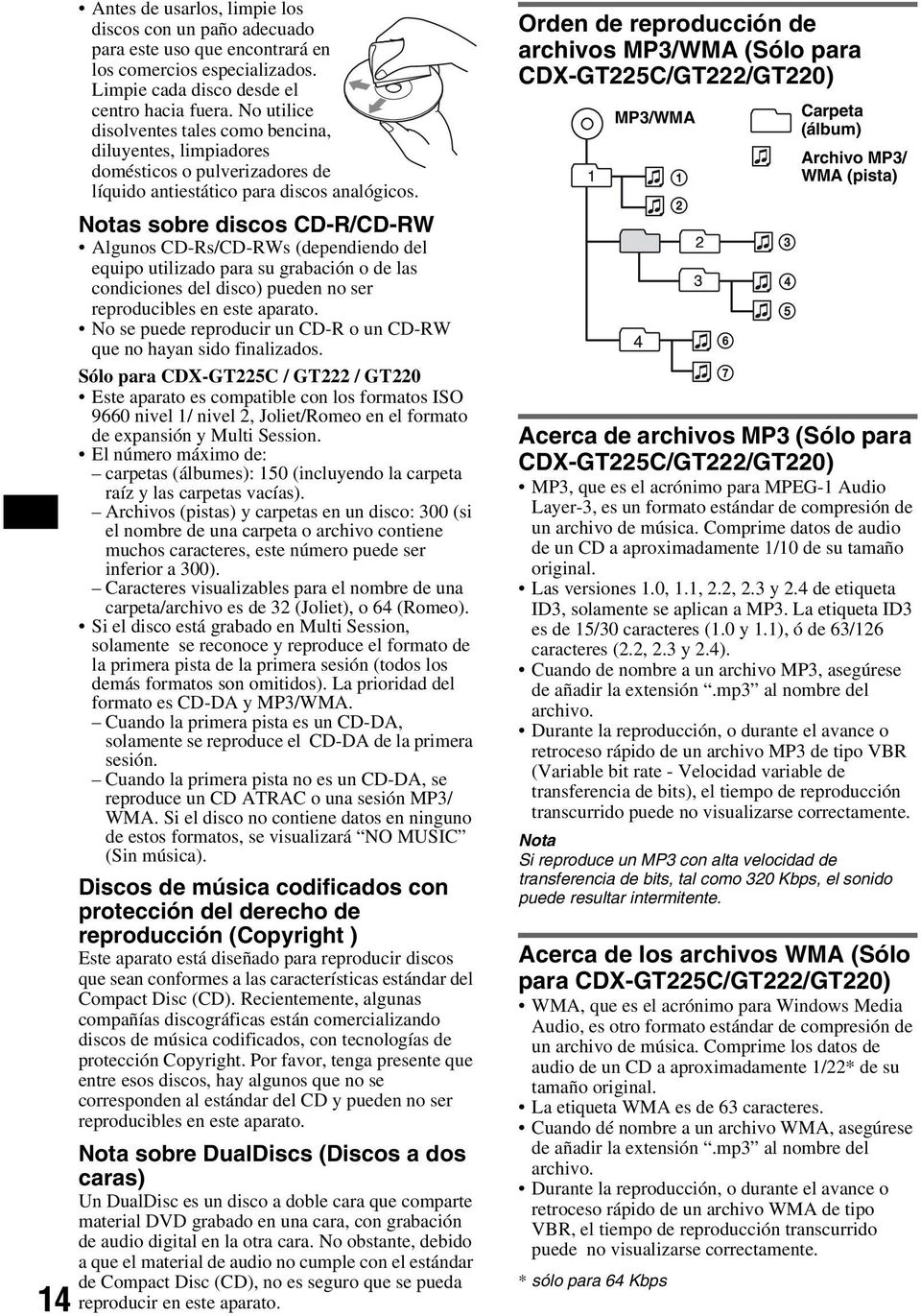 Notas sobre discos CD-R/CD-RW Algunos CD-Rs/CD-RWs (dependiendo del equipo utilizado para su grabación o de las condiciones del disco) pueden no ser reproducibles en este aparato.