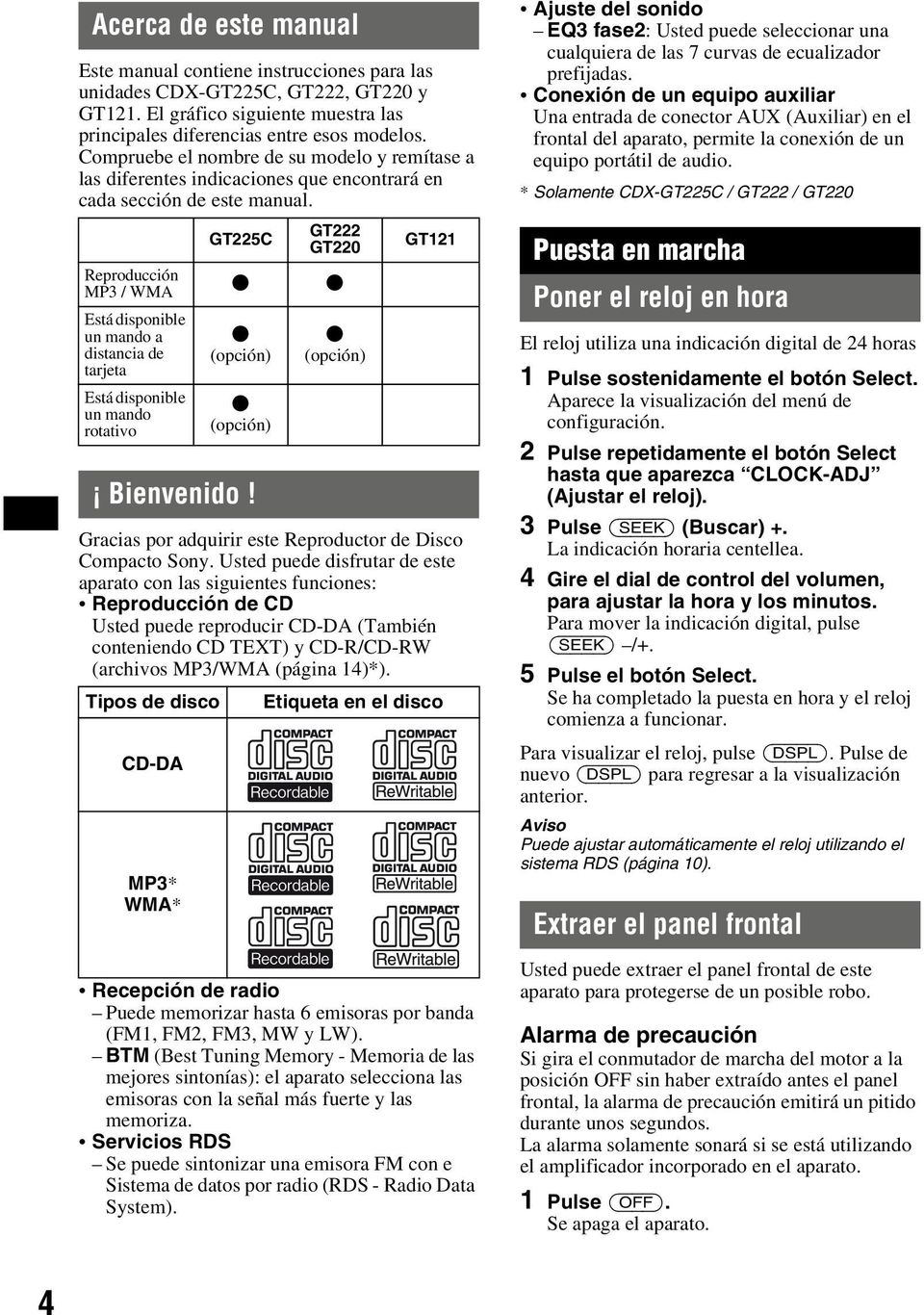 GT225C GT222 GT220 Reproducción MP3 / WMA z z Está disponible un mando a distancia de tarjeta Está disponible un mando rotativo Bienvenido!