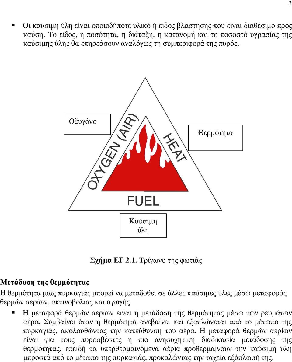 Τρίγωνο της φωτιάς Μετάδοση της θερµότητας Η θερµότητα µιας πυρκαγιάς µπορεί να µεταδοθεί σε άλλες καύσιµες ύλες µέσω µεταφοράς θερµών αερίων, ακτινοβολίας και αγωγής.