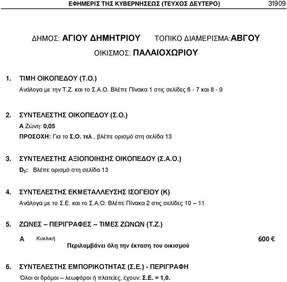 ΣΥΝΤΕΛΕΣΤΗΣ ΞΙΟΠΟΙΗΣΗΣ ΟΙΚΟΠΕΔΟΥ (Σ..Ο.) 5. ΖΩΝΕΣ ΠΕΡΙΓΡΦΕΣ ΤΙΜΕΣ ΖΩΝΩΝ (Τ.Ζ.) 6.