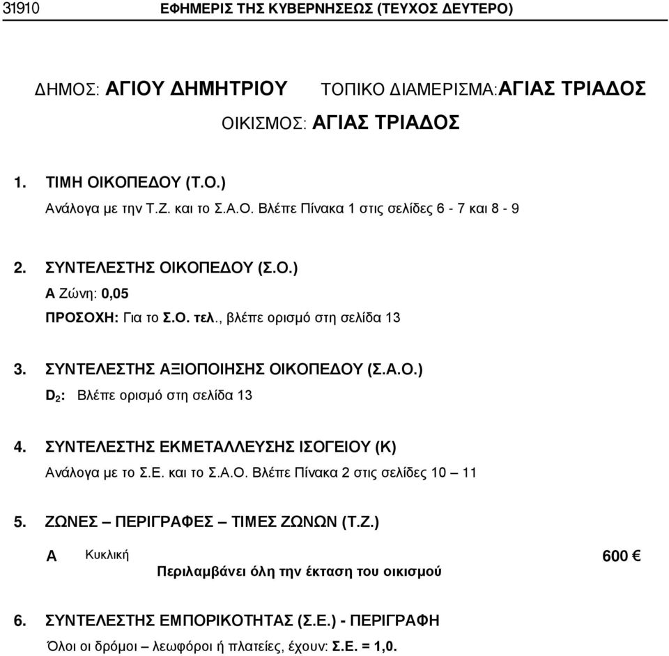 ΣΥΝΤΕΛΕΣΤΗΣ ΞΙΟΠΟΙΗΣΗΣ ΟΙΚΟΠΕΔΟΥ (Σ..Ο.) 5. ΖΩΝΕΣ ΠΕΡΙΓΡΦΕΣ ΤΙΜΕΣ ΖΩΝΩΝ (Τ.Ζ.) 6.