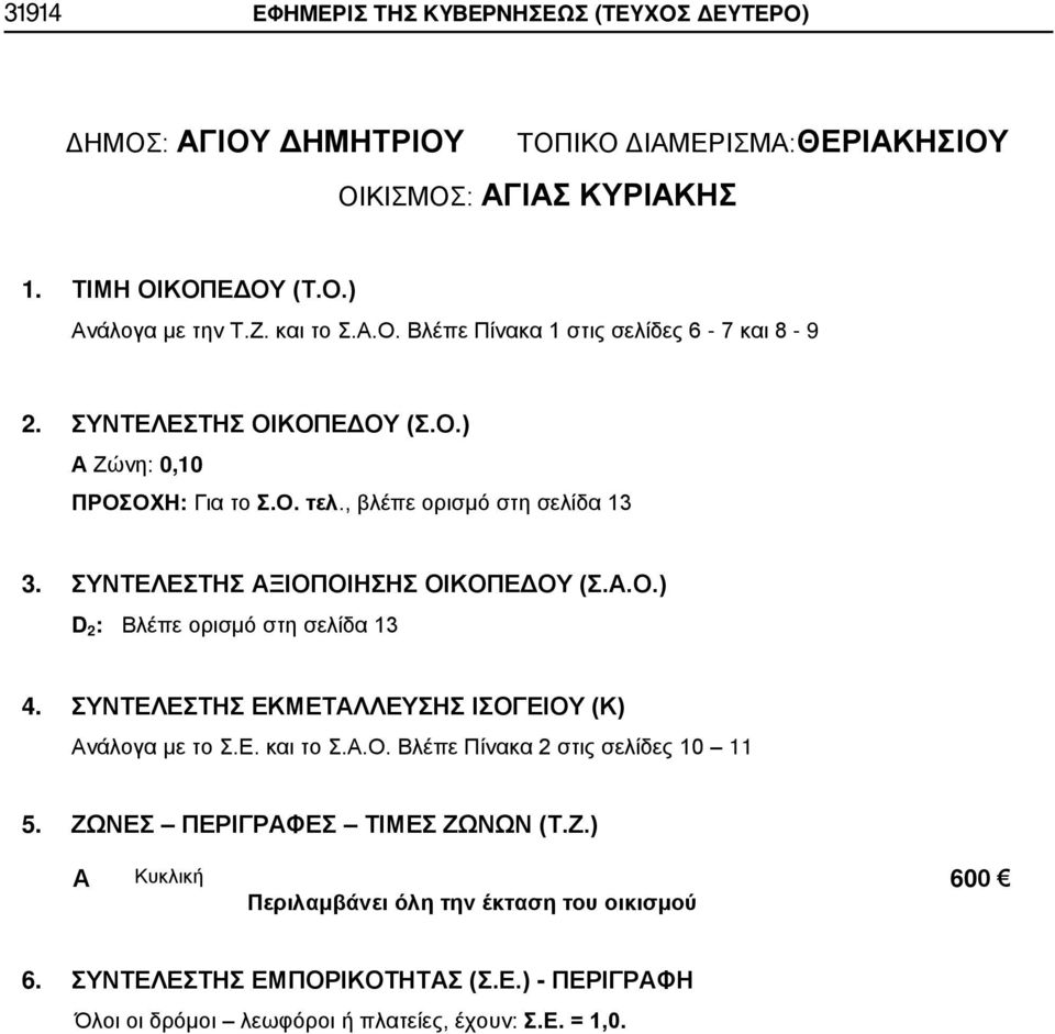 ΣΥΝΤΕΛΕΣΤΗΣ ΞΙΟΠΟΙΗΣΗΣ ΟΙΚΟΠΕΔΟΥ (Σ..Ο.) 5. ΖΩΝΕΣ ΠΕΡΙΓΡΦΕΣ ΤΙΜΕΣ ΖΩΝΩΝ (Τ.Ζ.) 6.