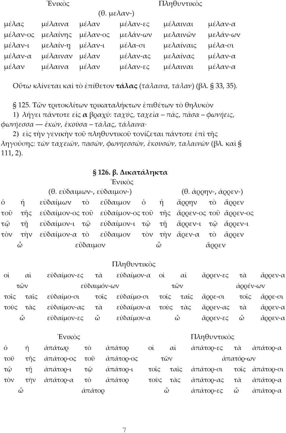 Τῶν τριτοκλίτων τρικαταλήκτων ἐπιθέτων τὸ θηλυκὸν 1) λήγει πάντοτε εἰς α βραχύ: ταχύς, ταχεῖα πᾶς, πᾶσα φωνήεις, φωνήεσσα ἑκών, ἑκοῦσα τάλας, τάλαινα 2) εἰς τὴν γενικὴν τοῦ πληθυντικοῦ τονίζεται