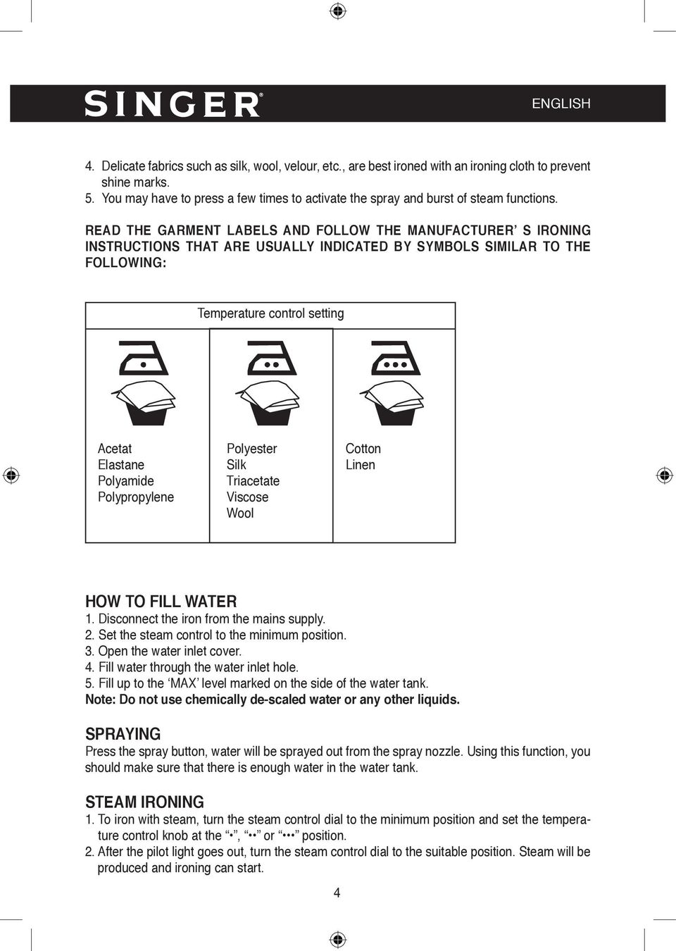 READ THE GARMENT LABELS AND FOLLOW THE MANUFACTURER S IRONING INSTRUCTIONS THAT ARE USUALLY INDICATED BY SYMBOLS SIMILAR TO THE FOLLOWING: Temperature control setting Acetat Elastane Polyamide