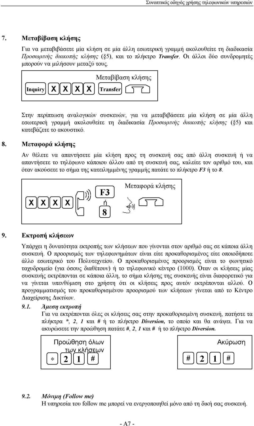 Μεταβίβαση κλσης Inquiry Transfer Στην περίπτωση αναλογικών συσκευών, για να μεταβιβάσετε μία κλση σε μία άλλη εσωτερικ γραμμ ακολουθείτε τη διαδικασία Προσωρινς διακοπς κλσης ( 5) και κατεβάζετε το