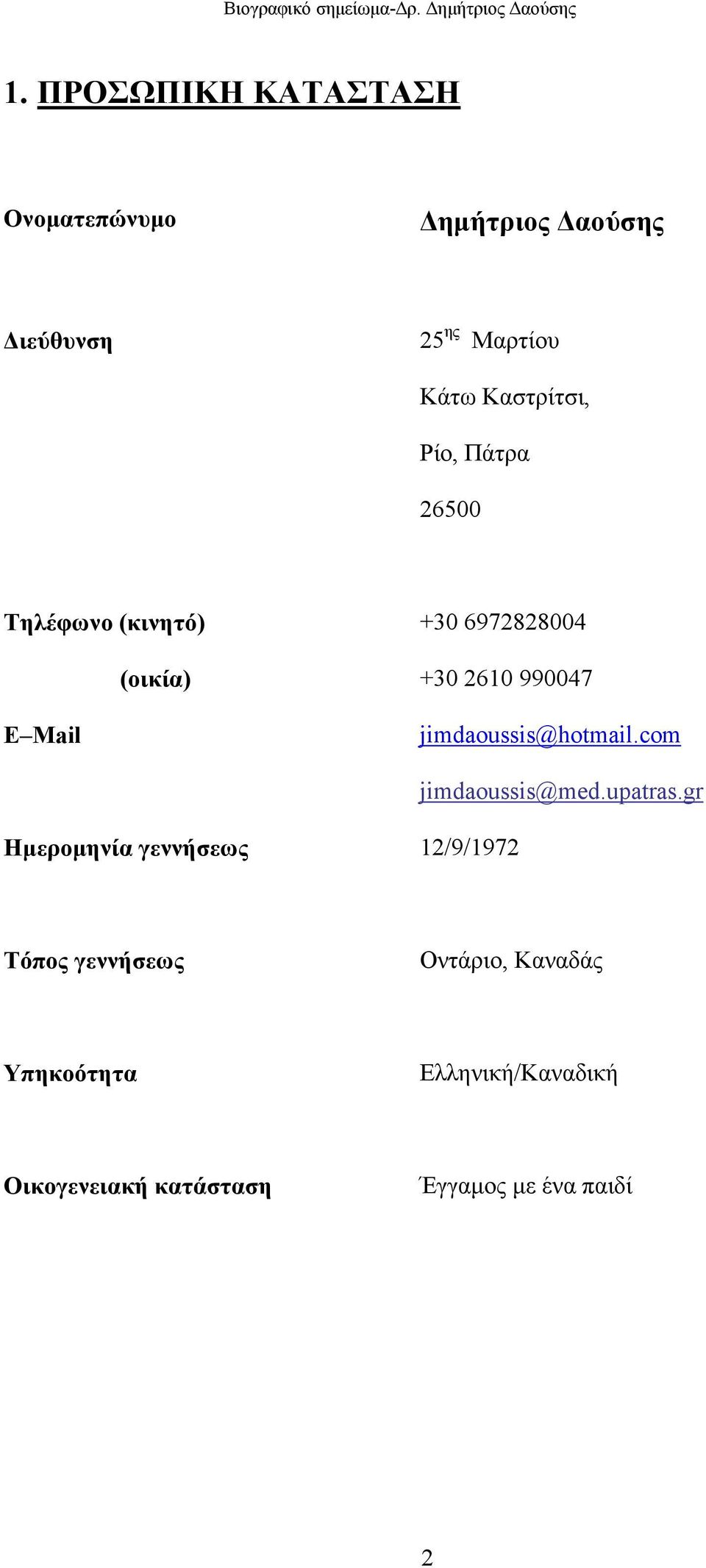 990047 jimdaoussis@hotmail.com Ηµεροµηνία γεννήσεως 12/9/1972 jimdaoussis@med.upatras.