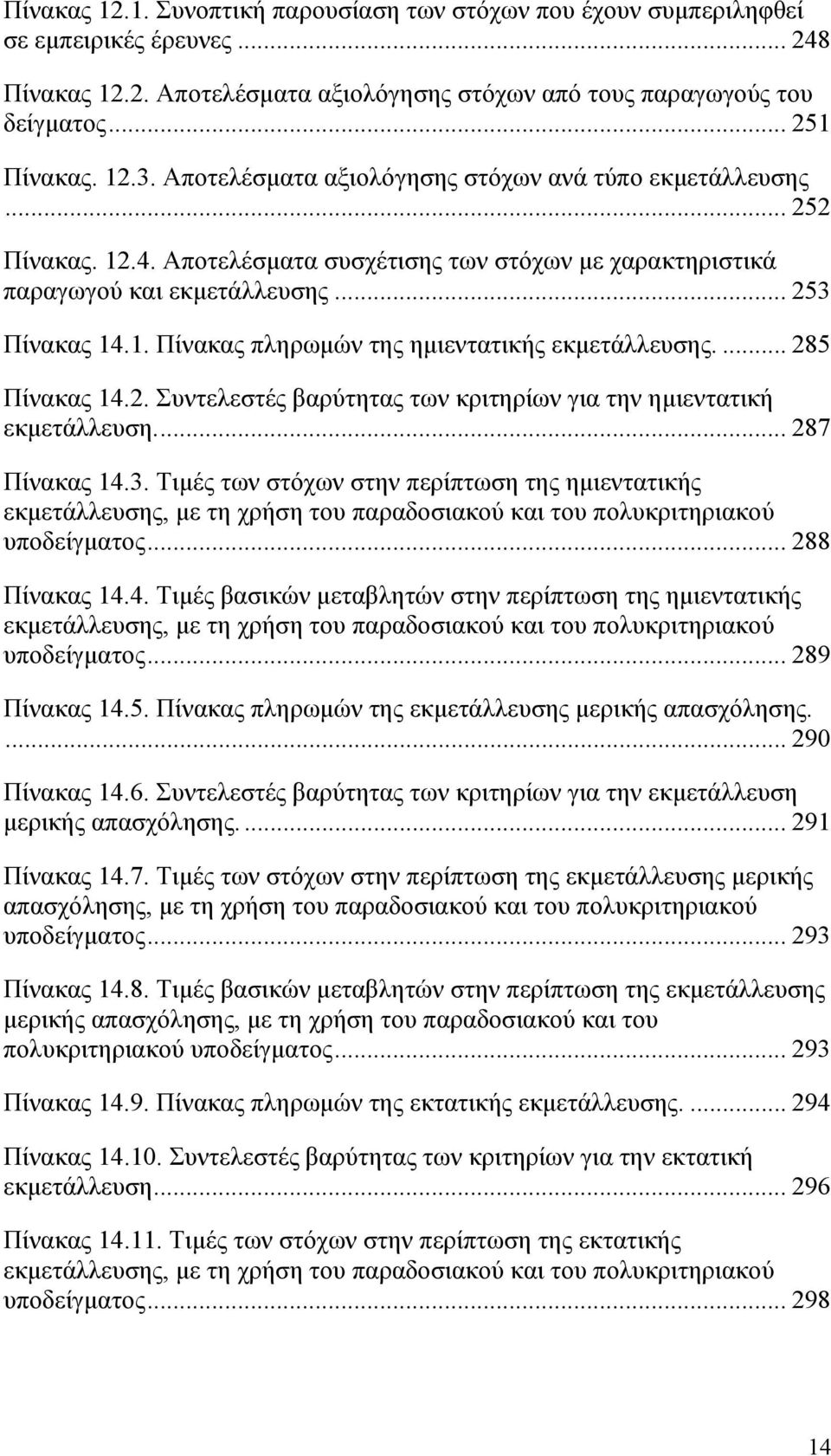 ... 285 Πίνακας 14.2. Συντελεστές βαρύτητας των κριτηρίων για την ημιεντατική εκμετάλλευση.... 287 Πίνακας 14.3.