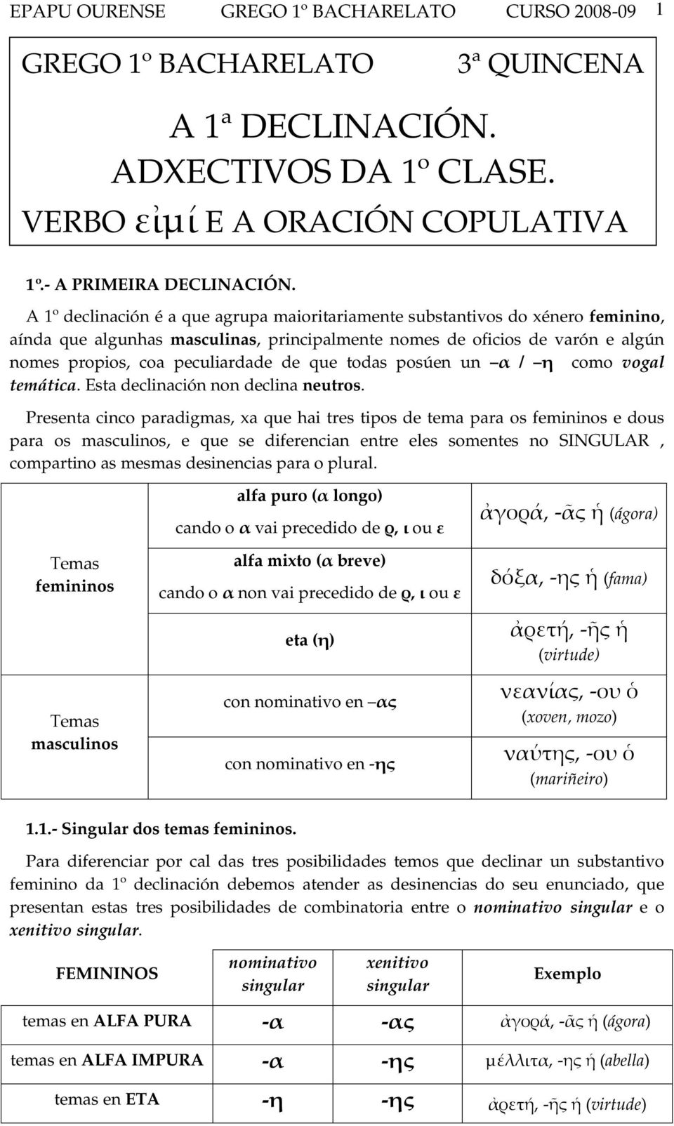 que todas posúen un α / η como vogal temática. Esta declinación non declina neutros.