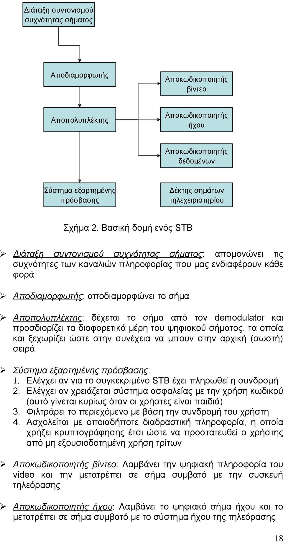 Βασική δομή ενός STB Διάταξη συντονισμού συχνότητας σήματος: απομονώνει τις συχνότητες των καναλιών πληροφορίας που μας ενδιαφέρουν κάθε φορά Αποδιαμορφωτής: αποδιαμορφώνει το σήμα Αποπολυπλέκτης: