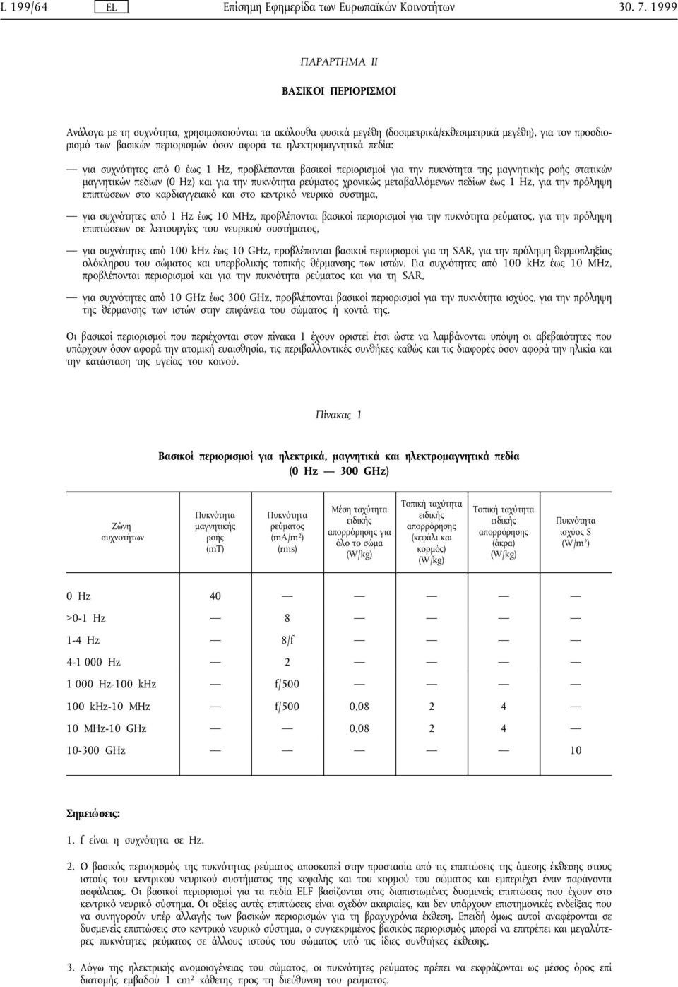 ηλεκτροµαγνητικά πεδία: για συχνότητες από 0 έως 1 Hz, προβλέπονται βασικοί περιορισµοί για την πυκνότητα της µαγνητικής ροής στατικών µαγνητικών πεδίων (0 Hz) και για την πυκνότητα ρεύµατος χρονικώς