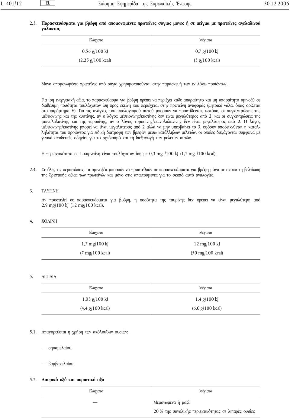 Παρασκευάσματα για βρέφη από απομονωμένες πρωτεΐνες σόγιας μόνες ή σε μείγμα με πρωτεΐνες αγελαδινού γάλακτος 0,56 g/100 kj 0,7 g/100 kj (2,25 g/100 kcal) (3 g/100 kcal) Μόνο απομονωμένες πρωτεΐνες