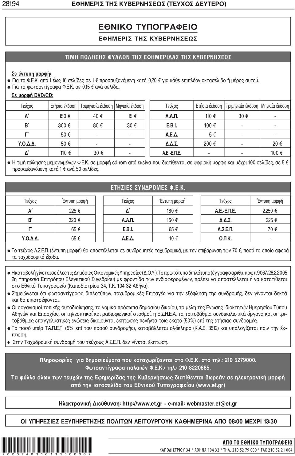 110 30 - Β 300 80 30 Ε.Β.Ι. 100 - Γ 50 Α.Ε.Δ. 5 - Υ.Ο.Δ.Δ. 50 Δ.Δ.Σ. 200 20 Δ 110 30 Α.Ε. Ε.Π.Ε. 100 Η τιμή πώλησης μεμονωμένων Φ.Ε.Κ.