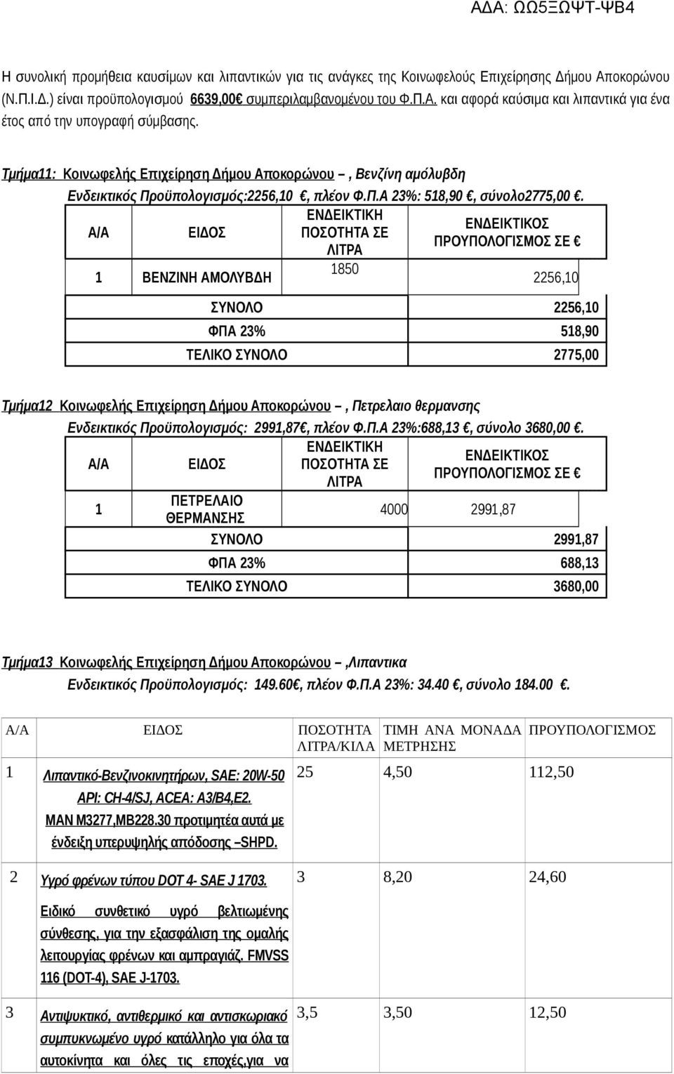 ΕΝΔΕΙΚΤΙΚΗ ΕΝΔΕΙΚΤΙΚΟΣ Α/Α ΕΙΔΟΣ ΠΟΣΟΤΗΤΑ ΣΕ ΠΡΟΥΠΟΛΟΓΙΣΜΟΣ ΣΕ ΛΙΤΡΑ 1850 1 ΒΕΝΖΙΝΗ ΑΜΟΛΥΒΔΗ 2256,10 ΣΥΝΟΛΟ 2256,10 ΦΠΑ 23% 518,90 ΤΕΛΙΚΟ ΣΥΝΟΛΟ 2775,00 Τμήμα12 Κοινωφελής Επιχείρηση Δήμου