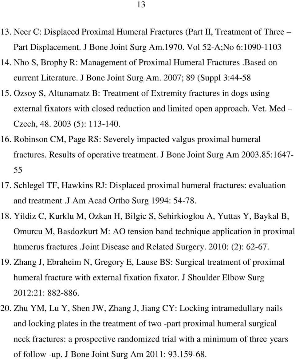 Ozsoy S, Altunamatz B: Treatment of Extremity fractures in dogs using external fixators with closed reduction and limited open approach. Vet. Med Czech, 48. 2003 (5): 113-140. 16.