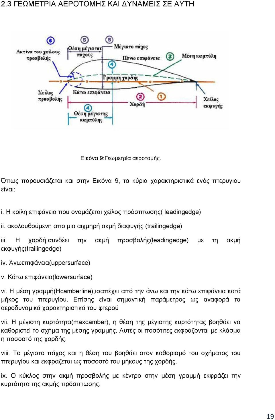 Ζ ρνξδή,ζπλδέεη ηελ αθκή πξνζβνιήο(leadingedge) κε ηε αθκή εθθπγήο(trailingedge) iv. Άλσεπηθάλεηα(uppersurface) v. Κάησ επηθάλεηα(lowersurface) vi.