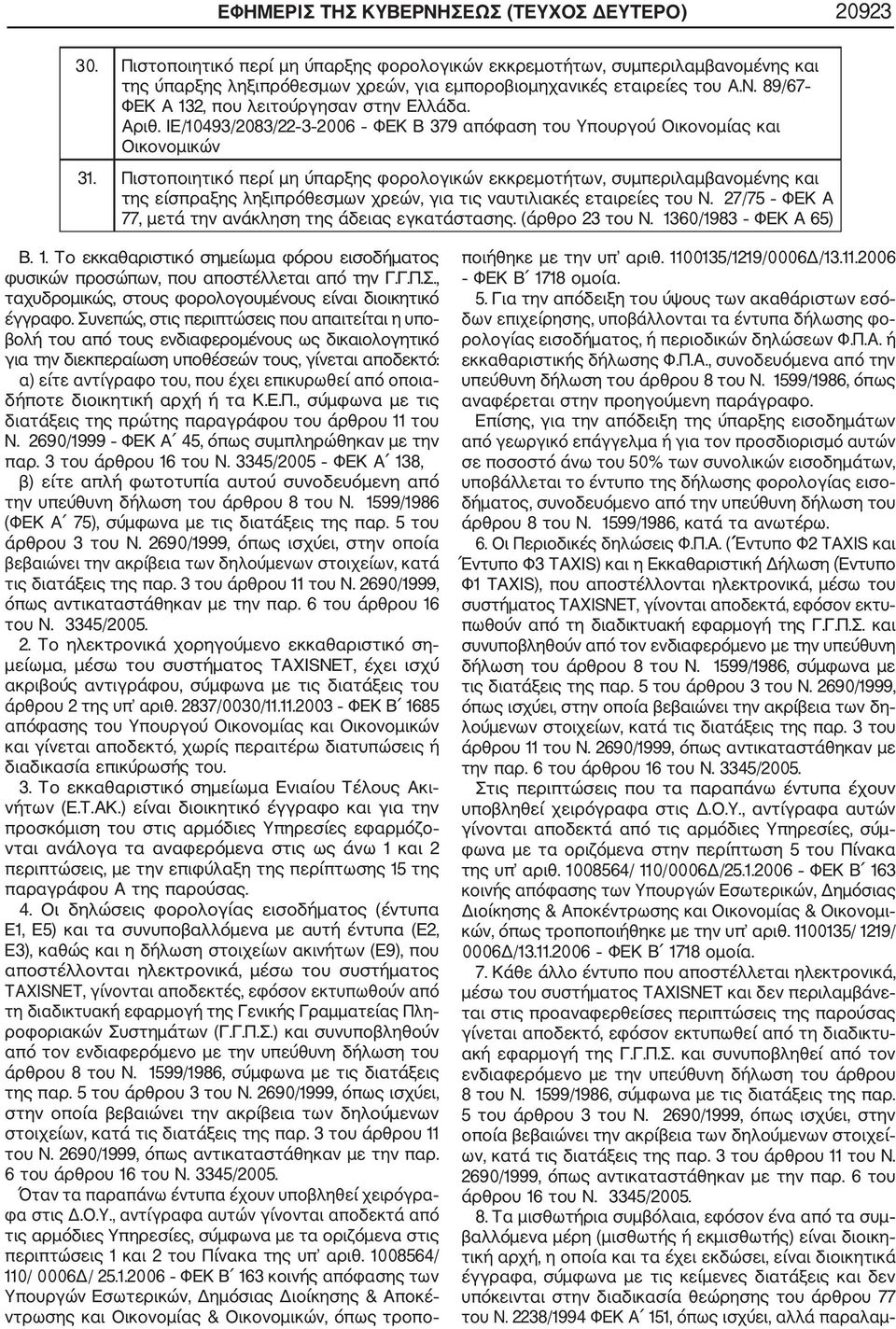 89/67 ΦΕΚ Α 132, που λειτούργησαν στην Ελλάδα. Αριθ. ΙΕ/10493/2083/22 3 2006 ΦΕΚ Β 379 απόφαση του Υπουργού Οικονομίας και Οικονομικών 31.