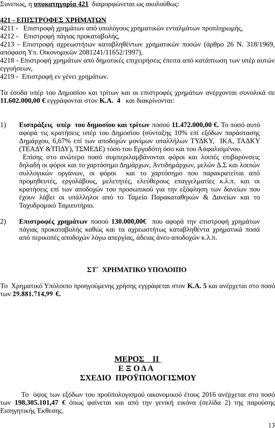 Οικονομικών 2081241/11652/1997), 4218 - Επιστροφή χρημάτων από δημοτικές επιχειρήσεις έπειτα από κατάπτωση των υπέρ αυτών εγγυήσεων, 4219 - Επιστροφή εν γένει χρημάτων.