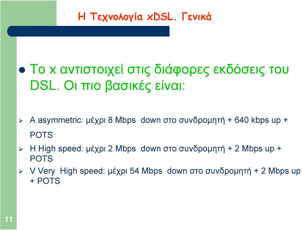 kbps up + POTS H High speed: μέχρι 2 Mbps down στο συνδρομητή + 2 Mbps up +